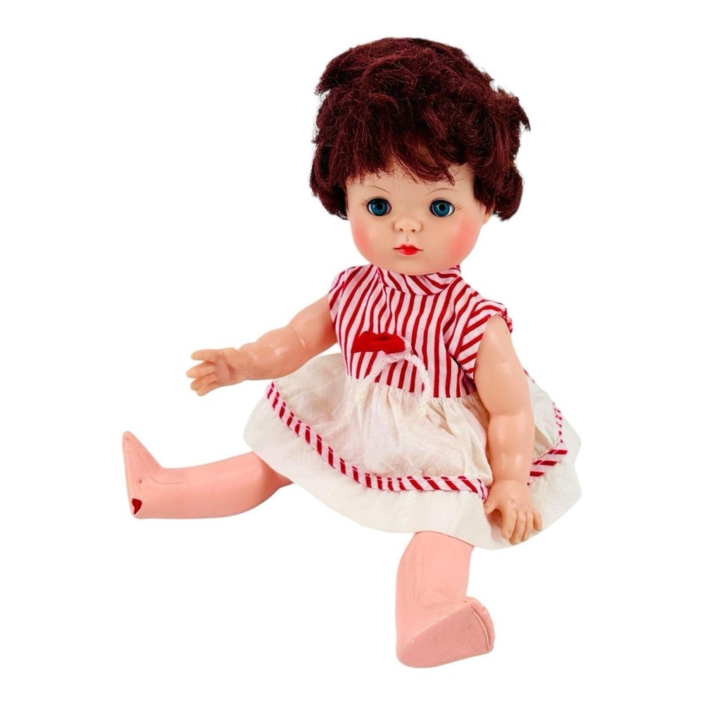 Vintage Lorrie Doll 11" Brunette Blue Eyes Red Stripe Dress 1960s *See